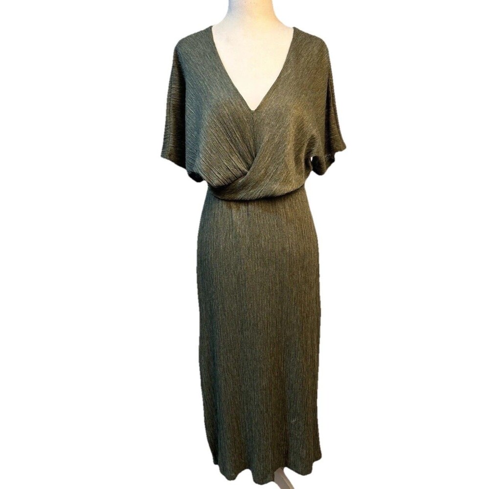 All In Favor Olive Green Crepe V- Neck Midi Dress Size M